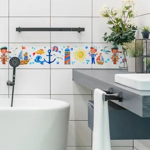 Detailed nautical cartoon tile stickers featuring sailboats and lighthouses for bathroom decor