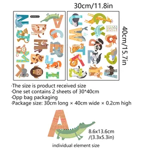 Detail view of cartoon animal alphabet wall decals with product size measurements