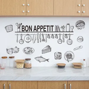 Adesivo murale cucina nero minimalista con scritta Bon Appetit e disegni di utensili