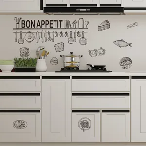 Dettaglio dell'adesivo murale cucina Bon Appetit con motivi di cibo e utensili a mano