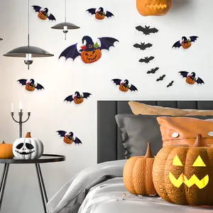 3D Halloween wall stickers set with spooky orange pumpkins and black bats silhouettes