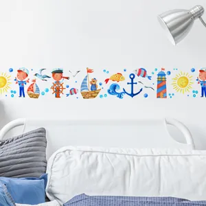 Cartoon nautical sailboat wall stickers for kids bedroom decor with lighthouse and anchor