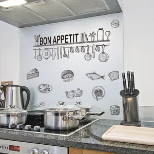 Adesivo murale cucina con scritta Bon Appétit e icone disegnate a mano in stile moderno