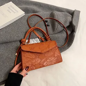 Women Retro Embossed Lotus Koi Small Square Bag Fashion PU Leather Handbag Crossbody Shoulder Bag For Daily Commute