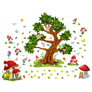 Cartoon forest tree and mushroom house wall decals set for kids' bedroom decoration