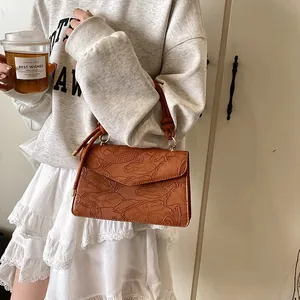 Brown retro leather tote bag with embossed koi fish pattern, stylish crossbody square bag