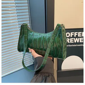 Détail d'un sac baguette vert foncé à motif crocodile porté par un mannequin