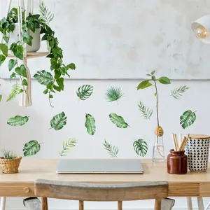 Tropical green leaf wall stickers featuring monstera and palm leaves for office decor