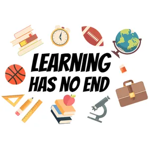 Educational wall sticker with Learning Has No End quote and school icons for home decor