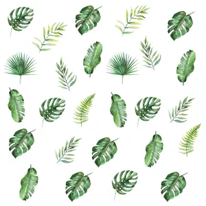 Macro detail of tropical monstera and fern leaf watercolor wall stickers for home decor