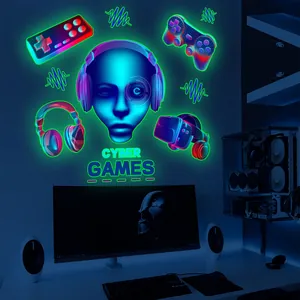 Sticker mural néon cyberpunk avec avatar de jeu futuriste et texte Cyber Games pour chambre