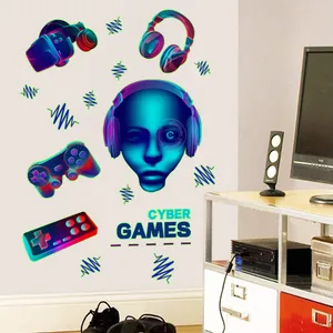 Stickers muraux cyberpunk brillants avec casque VR et manettes de jeu néon pour décor
