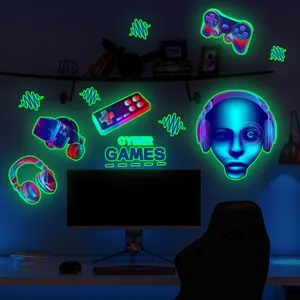 Stickers Muraux Gaming Néon Cyberpunk Lumineux dans le Noir Manette VR Casque Décoration Salle de Jeu pour Chambre Salon PVC