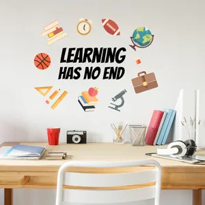 Educational wall decal set with Learning Has No End text and colorful school icons