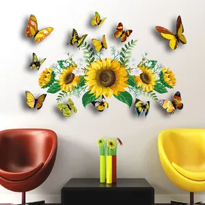 Detailweergave van 3D zonnebloem muurstickers met gekleurde vlinders op een woonkamermuur