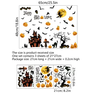 Halloween Wandaufkleber Set mit Kürbis Hexe und Schloss für Glasfenster Dekoration