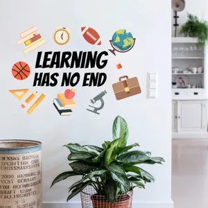Detail view of educational wall stickers with icons and Learning Has No End quote