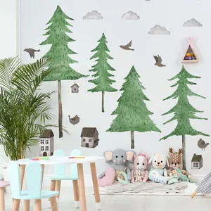 Stickers Muraux Forêt Aquarelle Nordique Pins Oiseaux Maisons PVC Autocollant Décalcomanie pour Chambre d'Enfant Chambre à Coucher