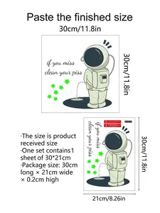 Size guide for luminous astronaut toilet stickers showing dimensions of 30x30cm layout