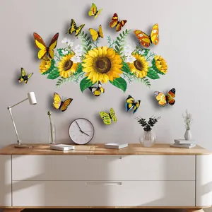 Gedetailleerde 3D-zonnebloem muurstickers met kleurrijke vlinders op grijze binnenmuur