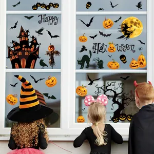 Halloween Fensteraufkleber mit Kürbissen und Hexen für festliche Glasdekoration