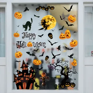 Halloween Fensteraufkleber mit orangefarbenen Kürbissen und Geisterschloss-Motiven