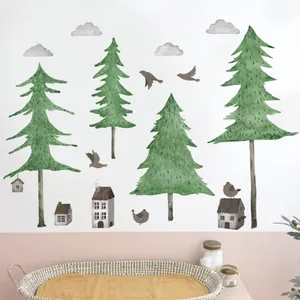 Sticker mural forêt aquarelle avec pins verts et maisons pour déco de chambre d'enfant