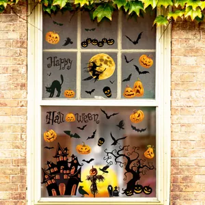 Halloween Fensterbilder Set mit Kürbis, Hexe, Fledermaus und Schloss für Hausdekoration