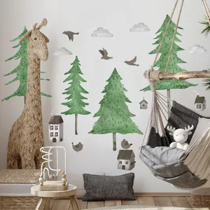 Stickers muraux forêt à l'aquarelle avec pins verts et oiseaux pour chambre d'enfant