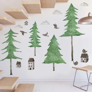 Stickers muraux forêt avec pins à l'aquarelle et oiseaux pour décor de chambre
