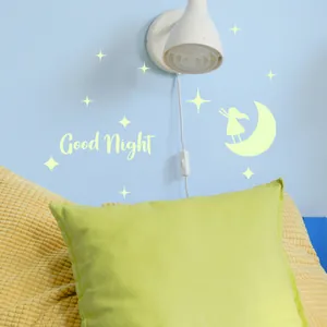 Glow-in-the-dark wall sticker set with Good Night text and girl on moon in kids bedroom