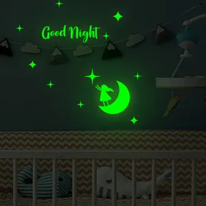 Glow in the dark crescent moon and Good Night stars wall stickers for nursery