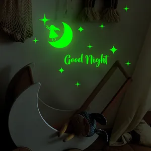 Luminous Good Night wall stickers featuring crescent moon girl and stars for kids rooms