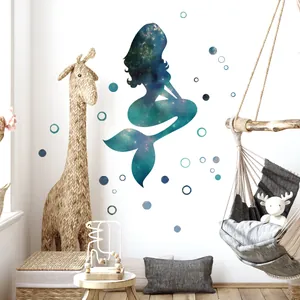 Mermaid silhouette wall decal with galaxy print for children's room starry wall decoration