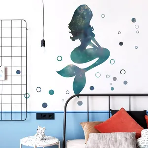 Mermaid silhouette wall sticker with galaxy nebula texture and bubble decals for bedroom