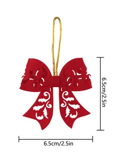 Detail of red felt Christmas tree bow ornament with laser-cut patterns and dimensions