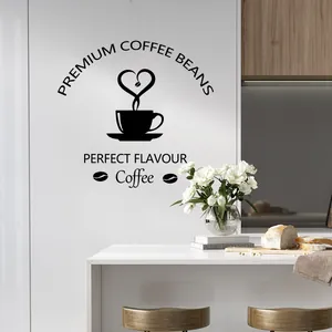 Detail of coffee cup wall decal with heart steam and premium beans in kitchen