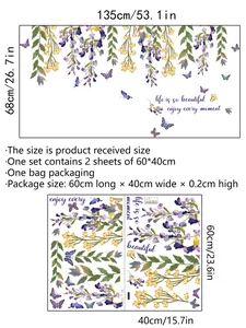 Detail view of butterfly and vine wall decals with dimensions and layout for home decor