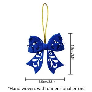 Detail of blue felt bow Christmas tree ornament with 6.5cm size and hand woven pattern