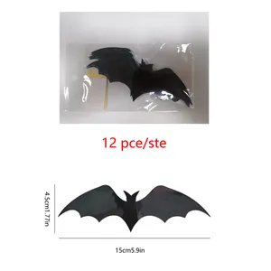 Lot de 12 autocollants muraux chauve-souris 3D noirs pour décoration Halloween 15x4.5cm