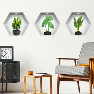 Adesivi murali 3D esagonali con piante verdi per decorazioni moderne del soggiorno