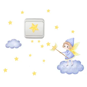 Glow-in-the-dark elf girl with yellow stars and blue clouds wall stickers for kids room