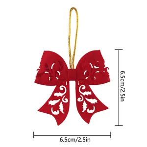 Red Christmas tree bow ornament with hollow felt pattern and golden hanging string