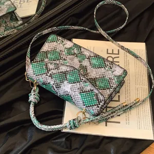 Fashion Snakeskin Pattern Handbag For Women PU Leather Knot Handle Shoulder Bag Contrast Color Messenger Crossbody Small Square Bag
