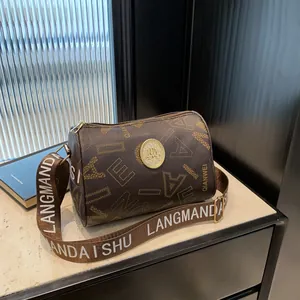 Women's Retro PU Leather Boston Bag Allover Letter Print Cylinder Crossbody Bag With Adjustable Wide Webbing Strap Gold Metal Logo Shoulder Bag