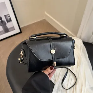 Vintage PU Leather Small Square Bag For Women Korean Style Simple Flap Shoulder Crossbody Handbag With Magnetic Snap Gold Hardware