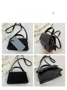 Multi-angle views of a black PU leather small square bag with gold hardware and wavy flap