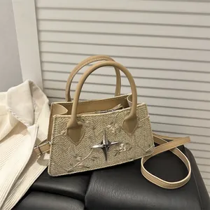 Women Floral Embroidery Woven Straw Handbag Vintage Star Metal Charm Small Square Bag Retro Shoulder Crossbody Bag