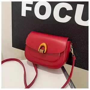 Detail of red saddle bag with gold horseshoe buckle and smooth leather texture