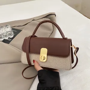 Damen Patchwork Umhängetasche PU Leder Gewebe Kleine Quadratische Handtasche Mit Verstellbarem Riemen Gold Metallschloss Daily